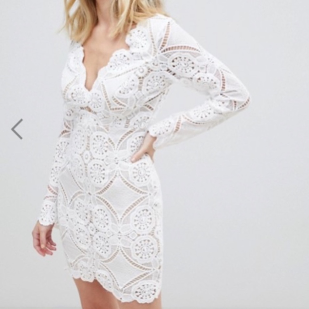 ASOS Long Sleeve White Lace Dress with Tan Lining